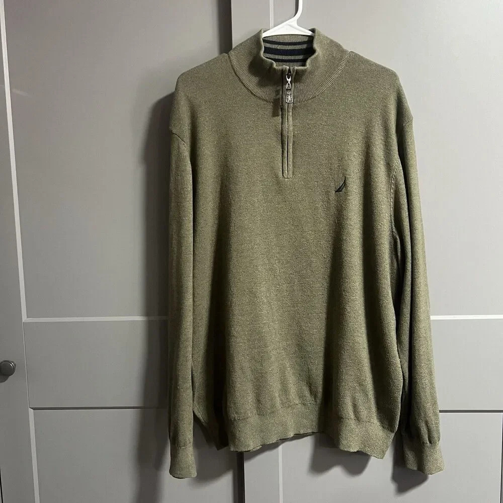 Nautica NavTech Mens 1/4 Zip Mock Neck L/S Pullover Sweater Olive Green Size XL